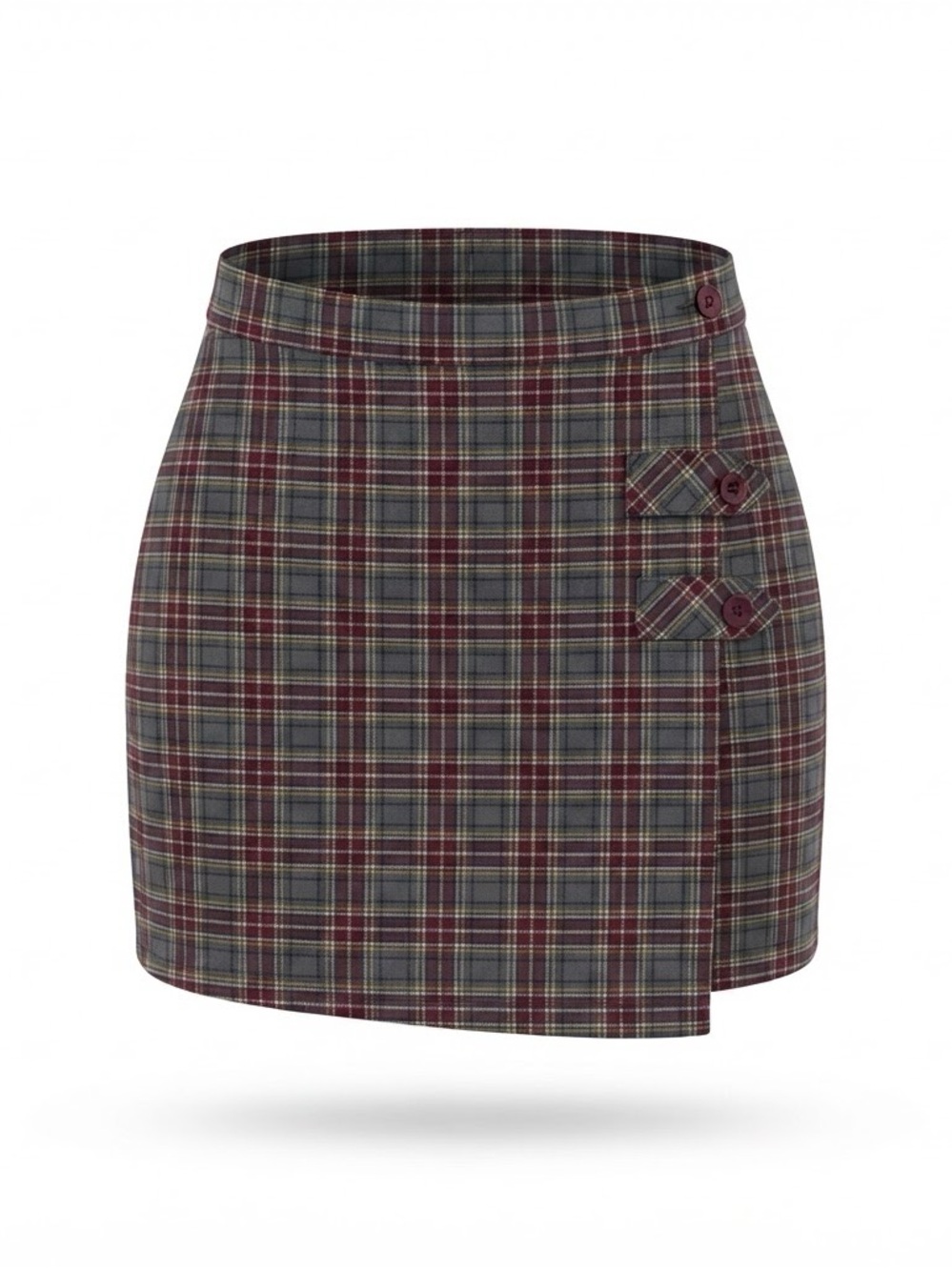 Burgundy and Gray Plaid Mini Skort with Side Buttons